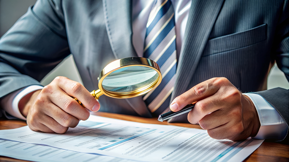 A person scrutinizes a complex financial document with a magnifying glass, highlighting the importance of transparency and disclosure in business transactions.